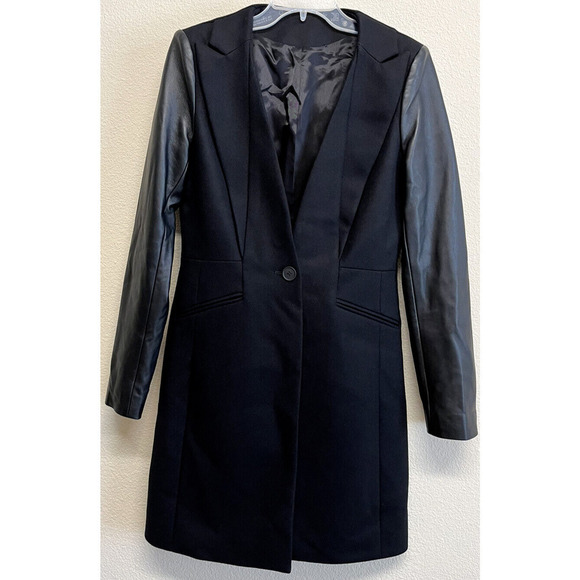 All Saints Black Wool Lambs Leather Long Coat Size 6 US Collarless Portex NEW - Picture 10 of 12